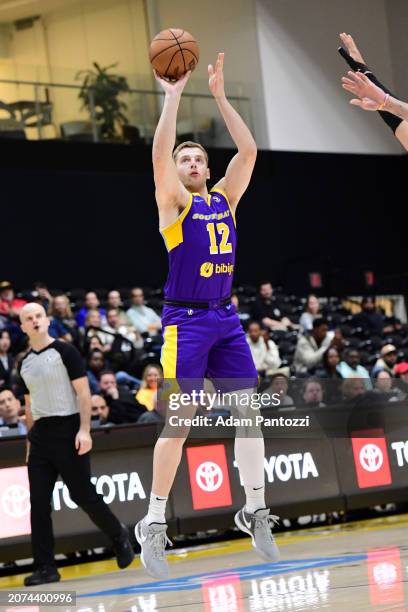 Jack White of the South Bay Lakers shoots the ball during the game against the Westchester Knicks on March 13, 2024 at UCLA Health Training Center in...