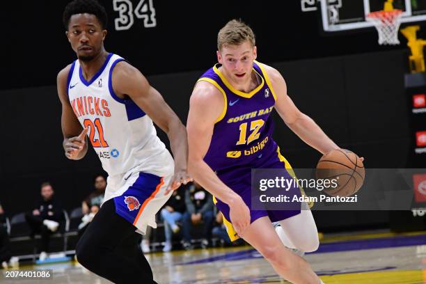 Jack White of the South Bay Lakers handles the ball during the game against the Westchester Knicks on March 13, 2024 at UCLA Health Training Center...