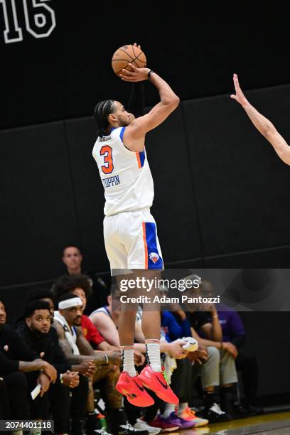 Jacob Toppin of the Westchester Knicks shoots the ball during the game against the South Bay Lakers on March 13, 2024 at UCLA Health Training Center...