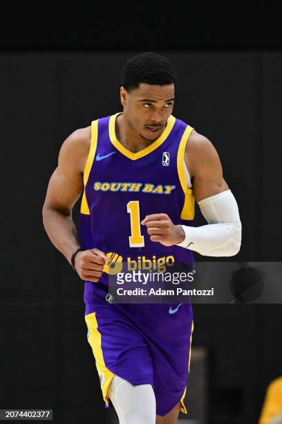 Shaquille Harrison of the South Bay Lakers looks on during the game against the Westchester Knicks on March 13, 2024 at UCLA Health Training Center...