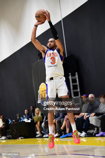 Jacob Toppin of the Westchester Knicks shoots the ball during the game against the South Bay Lakers on March 13, 2024 at UCLA Health Training Center...