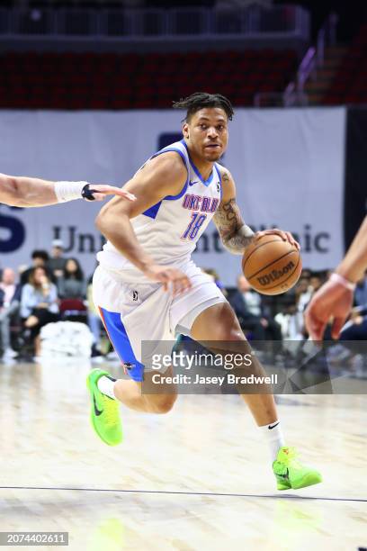 Keyontae Johnson of the Oklahoma City Blue handles the ball against the Iowa Wolves during an NBA G-League game on March 13, 2024 at the Wells Fargo...