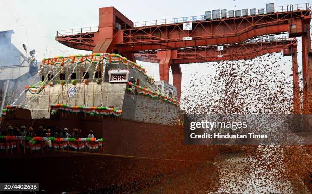 Launching of two ASW SWC warships for the Indian Navy built by Garden Reach Shipbuilder & Engineers Ltd at Garden Reach on March 13, 2024 in Kolkata,...