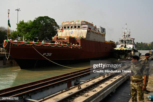 Launching of two ASW SWC warships for the Indian Navy built by Garden Reach Shipbuilder & Engineers Ltd at Garden Reach on March 13, 2024 in Kolkata,...