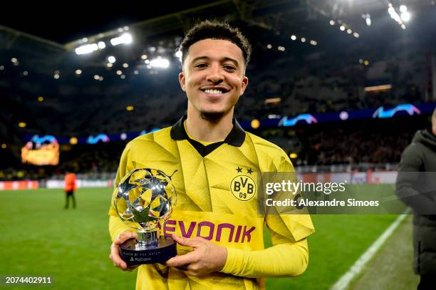 Jaden Sancho of Borussia Dortmund poses as he is awarded as players of the match following the UEFA Champions League 2023/24 round of 16 second leg...
