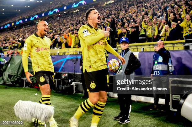 Jaden Sancho of Borussia Dortmund after scoring the 1-0 lead during the UEFA Champions League 2023/24 round of 16 second leg match between Borussia...