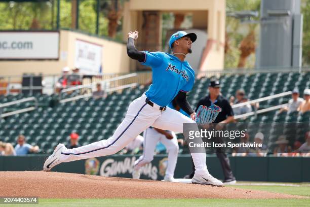 Miami Marlins pitcher Eury Perez throws a pitch against the Washington Nationals on March 13 at Roger Dean Chevrolet Stadium in Jupiter, Florida.