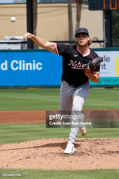 Washington Nationals pitcher Jake Irvin pitches against the Miami Marlins on March 13 at Roger Dean Chevrolet Stadium in Jupiter, Florida.