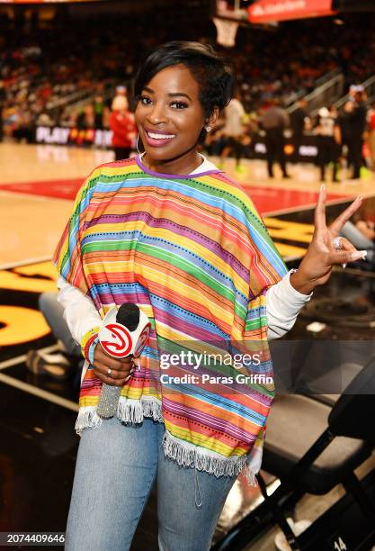 Shamea Morton attends the game between New Orleans Pelicans and the Atlanta Hawks at State Farm Arena on March 10, 2024 in Atlanta, Georgia. NOTE TO...