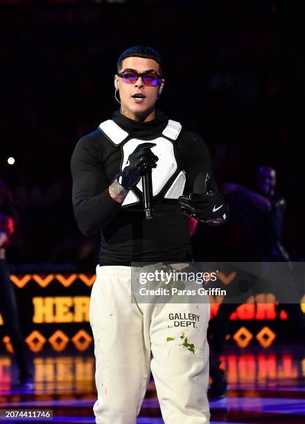 Recording artist Lunay performs at halftime during the game between the New Orleans Pelicans and the Atlanta Hawks at State Farm Arena on March 10,...