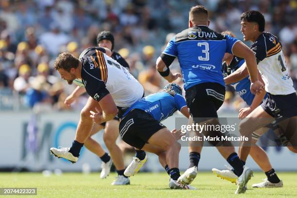 James Slipper of the Brumbies is tackled during the round three Super Rugby Pacific match between ACT Brumbies and Western Force at , on March 09 in...