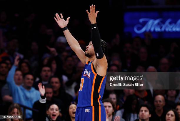 Jalen Brunson of the New York Knicks reacts after scoring during the first half against the Philadelphia 76ers at Madison Square Garden on March 10,...