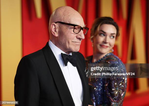 Patrick Stewart and Sunny Ozell attend the 2024 Vanity Fair Oscar Party Hosted By Radhika Jones at Wallis Annenberg Center for the Performing Arts on...