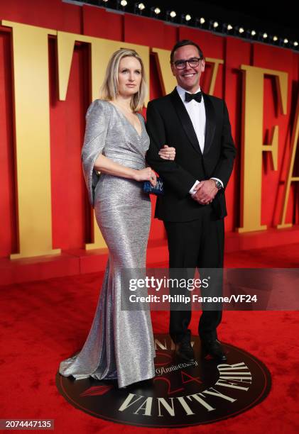 Kathryn Hufschmid and James Murdoch attend the 2024 Vanity Fair Oscar Party Hosted By Radhika Jones at Wallis Annenberg Center for the Performing...