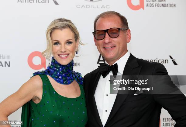 Jessica Perez and Brandon Sawalich attend the Elton John AIDS Foundation's 32nd Annual Academy Awards Viewing Party on March 10, 2024 in West...