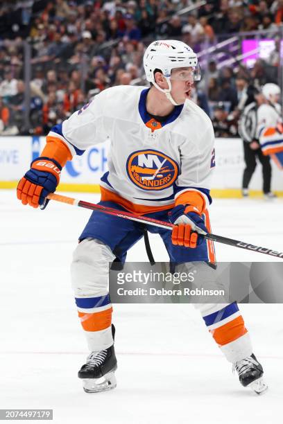 Mike Reilly of the New York Islanders skates on the ice during the first period against the Anaheim Ducks at Honda Center on March 10, 2024 in...