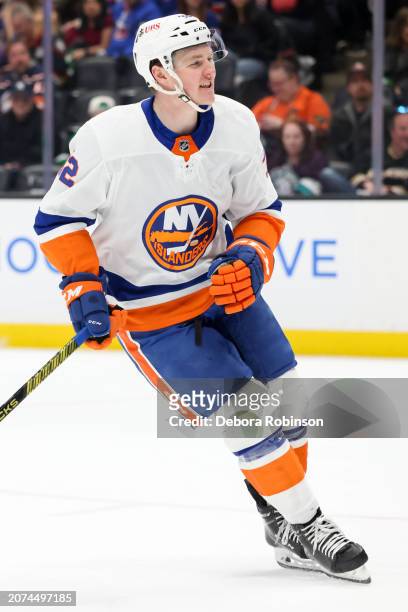 Kyle MacLean of the New York Islanders skates on the ice during the first period against the Anaheim Ducks at Honda Center on March 10, 2024 in...