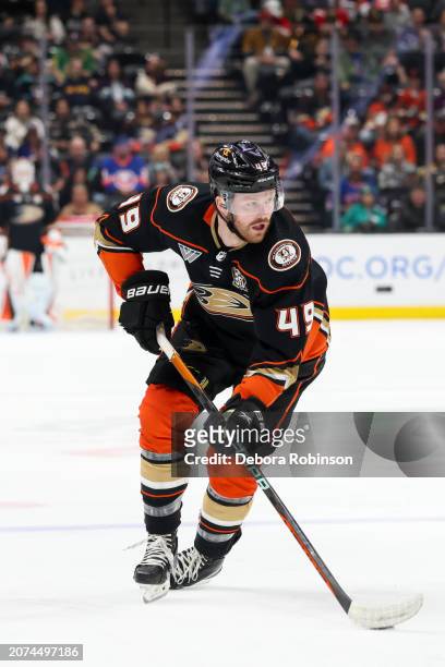 Max Jones of the Anaheim Ducks skates on the ice during the first period against the New York Islanders at Honda Center on March 10, 2024 in Anaheim,...
