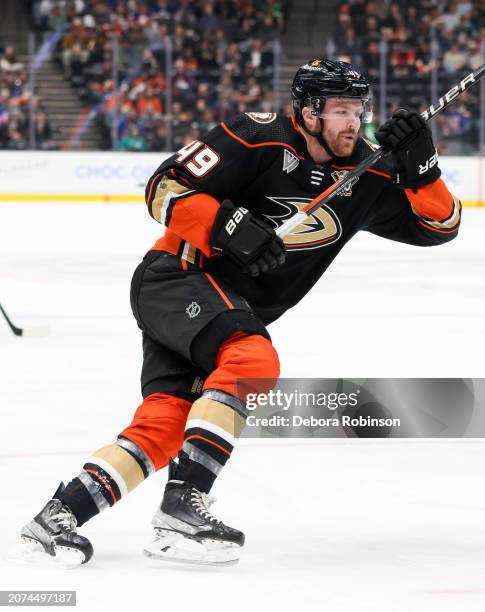 Max Jones of the Anaheim Ducks skates on the ice during the first period against the New York Islanders at Honda Center on March 10, 2024 in Anaheim,...