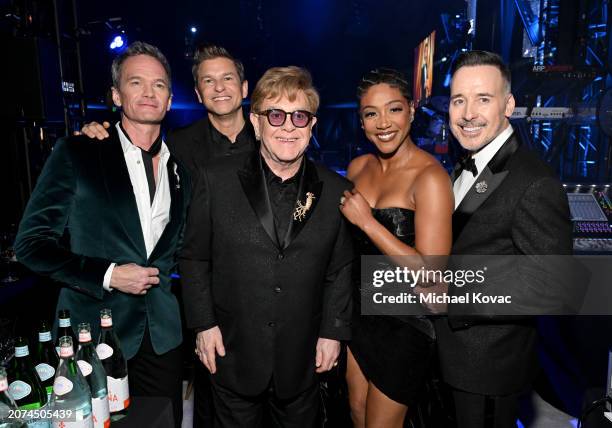 Neil Patrick Harris, David Burtka, Elton John, Tiffany Haddish, and David Furnish attend the Elton John AIDS Foundation's 32nd Annual Academy Awards...