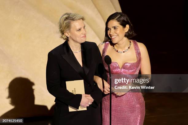 Kate McKinnon and America Ferrera speak onstage during the 96th Annual Academy Awards at Dolby Theatre on March 10, 2024 in Hollywood, California.