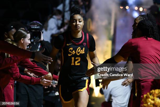 JuJu Watkins of the USC Trojans is introduced before of the championship game against the Stanford Cardinal of the Pac-12 Conference women's...