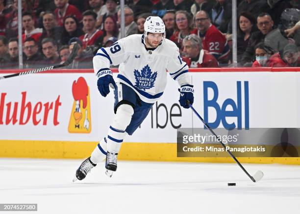 Calle Jarnkrok of the Toronto Maple Leafs skates the puck during the first period against the Montreal Canadiens at the Bell Centre on March 9, 2024...
