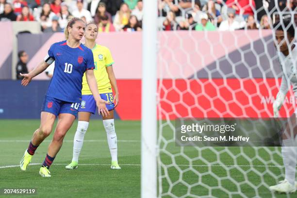 Lindsey Horan of the United States celebrates after scoring a goal past Luciana of Brazil during the first half of the 2024 Concacaf W Gold Cup Final...