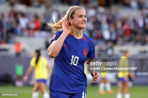 Lindsey Horan of the United States celebrates scoring during the first half against Brazil during the 2024 Concacaf W Gold Cup final at Snapdragon...