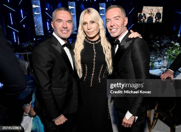 Dan Caten, Donatella Versace and Dean Caten attend the Elton John AIDS Foundation's 32nd Annual Academy Awards Viewing Party on March 10, 2024 in...