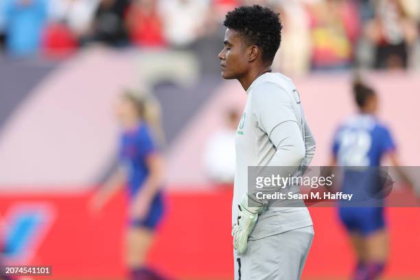 Luciana of Brazil reacts after conceding a goal against the United States during the first half of the 2024 Concacaf W Gold Cup Final at Snapdragon...