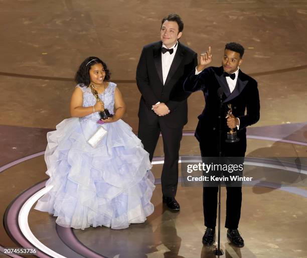 Porché Brinker, Ben Proudfoot and Kris Bowers accept the Best Documentary Short Film award for "The Last Repair Shop" onstage during the 96th Annual...