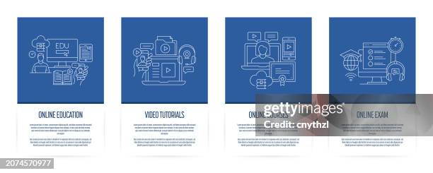 online education, video tutorials, online courses, online exam onboarding app screens vector illustration - webinar banner stock illustrations