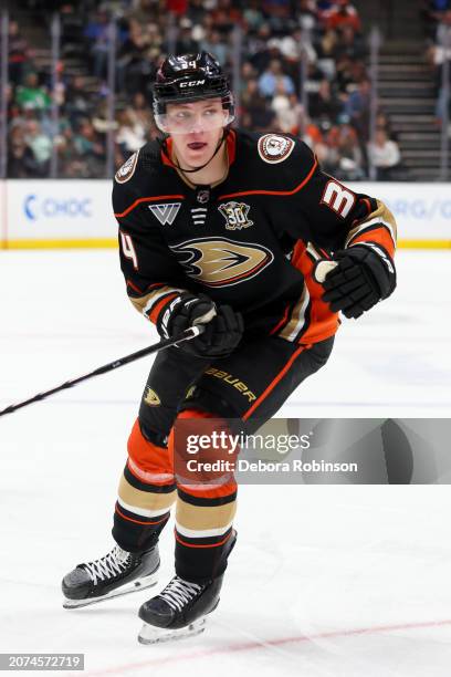 Pavel Mintyukov of the Anaheim Ducks skates on the ice during the second period against the New York Islanders at Honda Center on March 10, 2024 in...