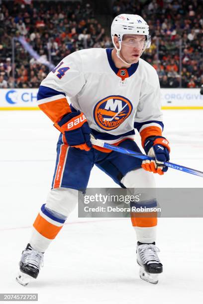 Bo Horvat of the New York Islanders skates on the ice during the second period against the Anaheim Ducks at Honda Center on March 10, 2024 in...