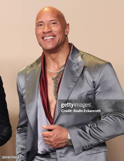 Presenter Dwayne "The Rock" Johnson poses in the press room during the 96th Annual Academy Awards at Ovation Hollywood on March 10, 2024 in...