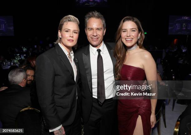 Ashlyn Harris, Eric McCormack and Sophia Bush attend the Elton John AIDS Foundation's 32nd Annual Academy Awards Viewing Party on March 10, 2024 in...