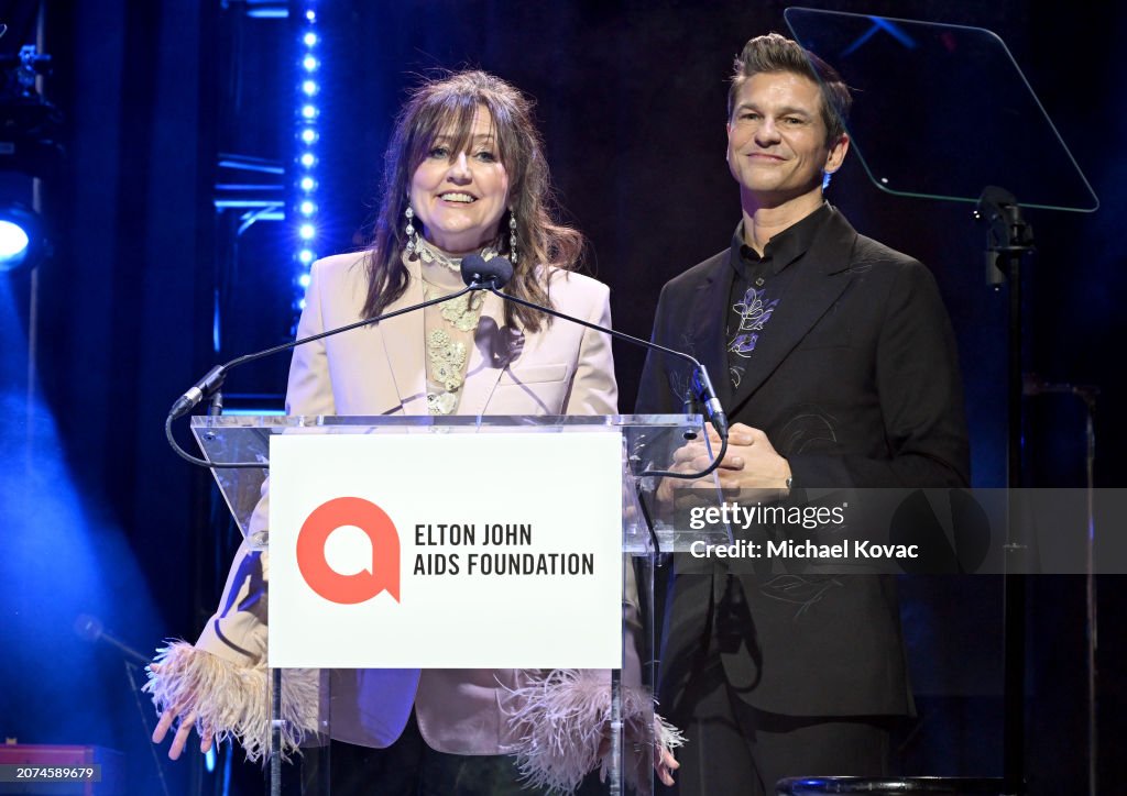 Anne Aslett, CEO of EJAF, and David Burtka speak onstage at the Elton ...