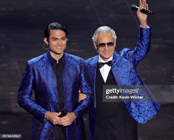 Matteo Bocelli and Andrea Bocelli onstage during the 96th Annual Academy Awards at Dolby Theatre on March 10, 2024 in Hollywood, California.