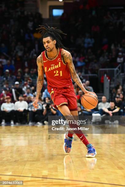 Emoni Bates of the Cleveland Cavaliers brings the ball up court during the fourth quarter against the Brooklyn Nets at Rocket Mortgage Fieldhouse on...