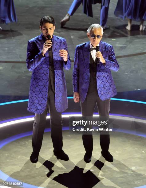 Matteo Bocelli and Andrea Bocelli perform onstage during the 96th Annual Academy Awards at Dolby Theatre on March 10, 2024 in Hollywood, California.