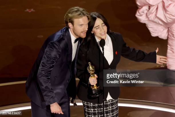 Finneas O'Connell and Billie Eilish accept the Best Original Song award for 'What Was I Made For?' from "Barbie" onstage during the 96th Annual...