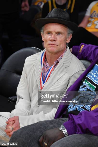 Flea attends a basketball game between the Los Angeles Lakers and the Minnesota Timberwolves at Crypto.com Arena on March 10, 2024 in Los Angeles,...