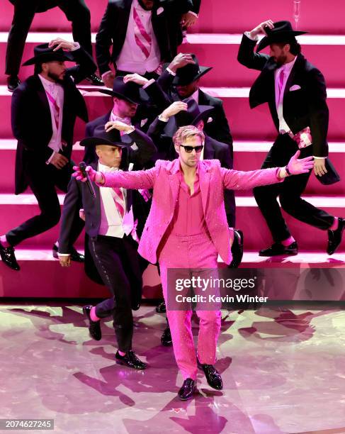 Ryan Gosling performs 'I'm Just Ken' from "Barbie" onstage during the 96th Annual Academy Awards at Dolby Theatre on March 10, 2024 in Hollywood,...