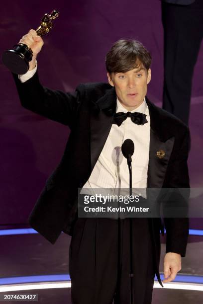 Cillian Murphy accepts the Lead Actor award for "Oppenheimer" onstage during the 96th Annual Academy Awards at Dolby Theatre on March 10, 2024 in...