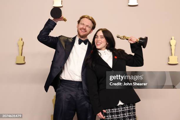 Finneas O'Connell and Billie Eilish, winners of the Best Original Song award for 'What Was I Made For?' from "Barbie", pose in the press room during...