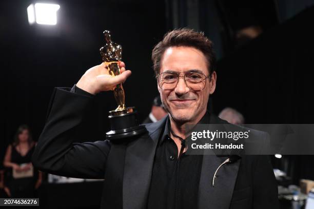 In this handout photo provided by A.M.P.A.S., Robert Downey Jr. Is seen backstage during the 96th Annual Academy Awards at Dolby Theatre on March 10,...