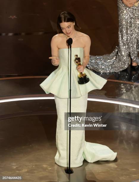 Emma Stone accepts the Lead Actress award for "Poor Things" onstage during the 96th Annual Academy Awards at Dolby Theatre on March 10, 2024 in...