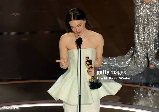 Emma Stone accepts the Lead Actress award for "Poor Things" onstage during the 96th Annual Academy Awards at Dolby Theatre on March 10, 2024 in...