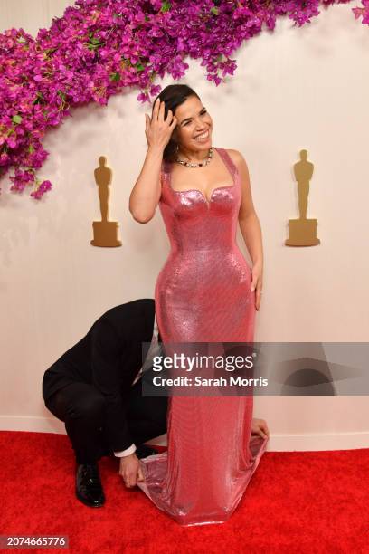Ryan Piers Williams and America Ferrera attend the 96th Annual Academy Awards on March 10, 2024 in Hollywood, California.